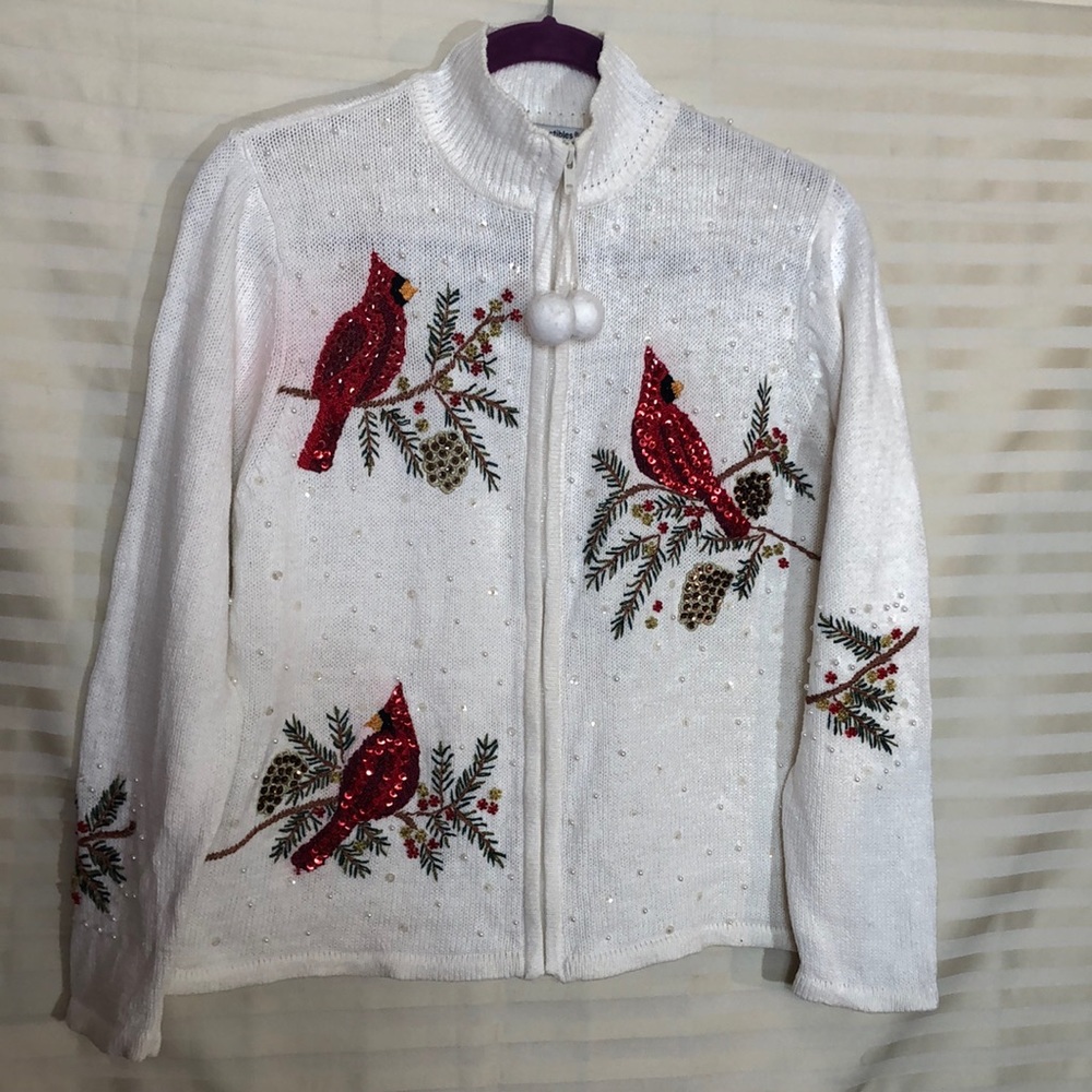 Beautiful White Christmas LS Zip Up Sweater Embroidered & Sequined Red Cardinals